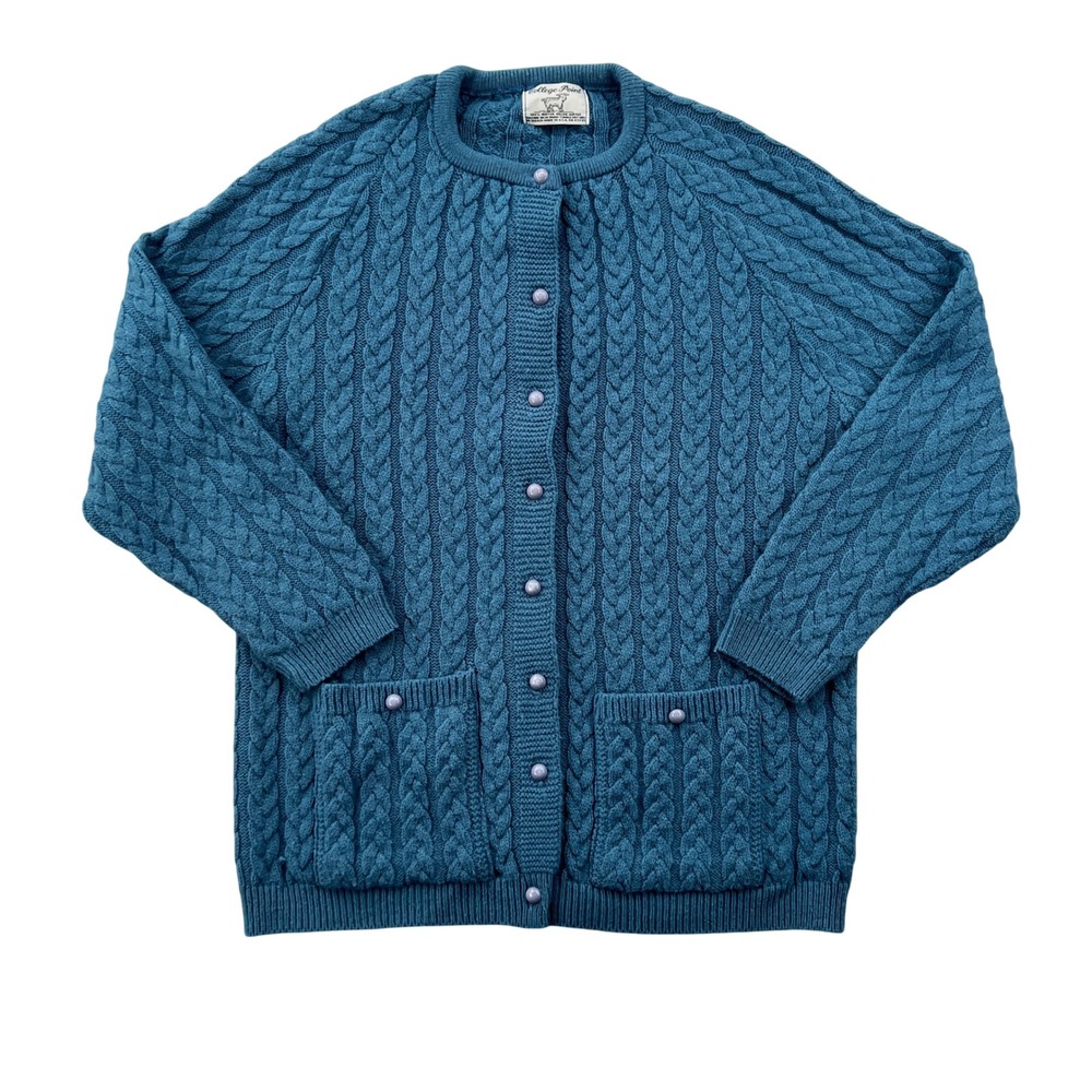 VTG 70s College Point Cable Knit Cardigan Women Small Teal Orlon USA Fisherman